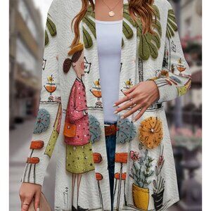 Whimsical Open Front Sweater, appears textured, features Woman tending Beverage